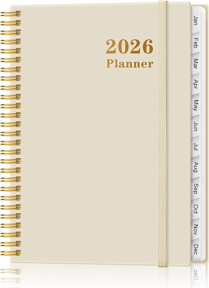 Planner 2026 For Women & Men - Monthly and Weekly Calendar Planner from January 2026 - December 2026, Student Planning with 12 Tabs for Office School Supplies, Inner Pocket, 8.5" x 11", Beige
