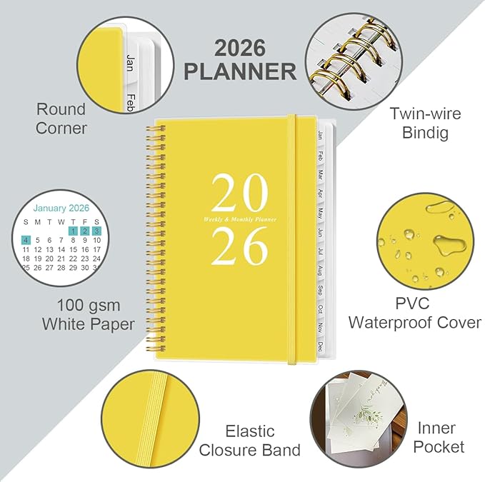 2026 Planner - A5 Weekly & Monthly Planner Spiral Bound, January 2026 - December 2026, Academic Planners 2026 with Flexible Cover, Tabs, Inner Pocket, 6.4" x 8.5", Yellow