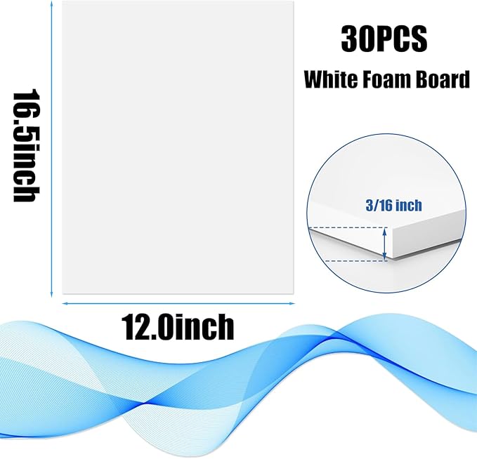 EPHECH 30 Pack White Foam Board 12" x 16.5", 3/16" Foam Core Baking Board for Projects, A3 Polystyrene Mat Board Poster Foam Board Sheets for Art Crafts, Presentation, Wedding, School Projects