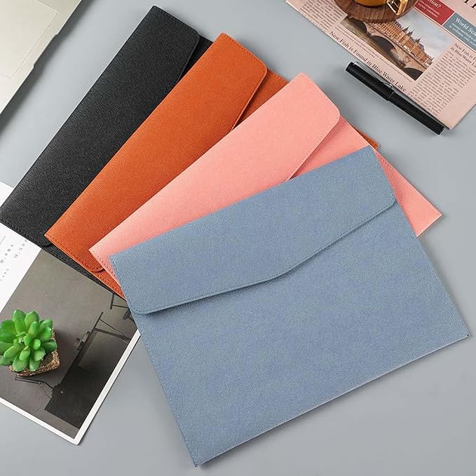 A4 PU Leather File Holder Document Envelope Folder with Snap Closure Blue Waterproof Portfolio File Oragnizer Pocket Storage Case for Receipt Contract Stationery Tablet, Business