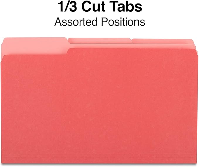 Staples Colored File Folders, Legal Size, 3‑Tab Top‑Tab Design, Red, Durable Paper Stock, 100/Pack