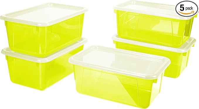 Storex Small Cubby Bins – Plastic Storage Containers for Classroom with Non-Snap Lid, 12.2 x 7.8 x 5.1 inches, Tint Yellow, 5-Pack (62482A05C)