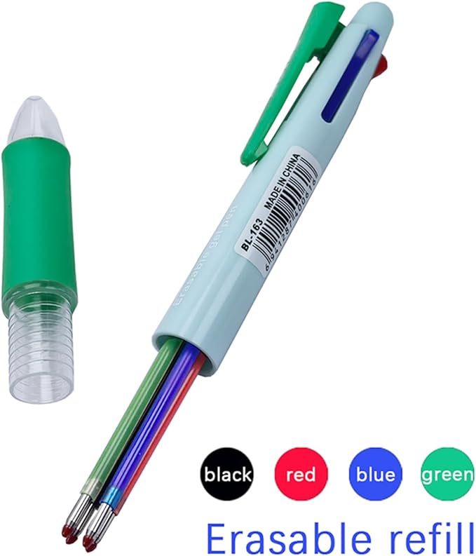 MROOFUL 6 Pcs 4 in 1 Multi-Coloured Ballpoint Pen Erasable Pens 0.5mm 4 Colours Retractable Ball Point Pen Multicolor Ink Pens with 10 Refills and 2 Eraser for Student Stationery Office Supplies