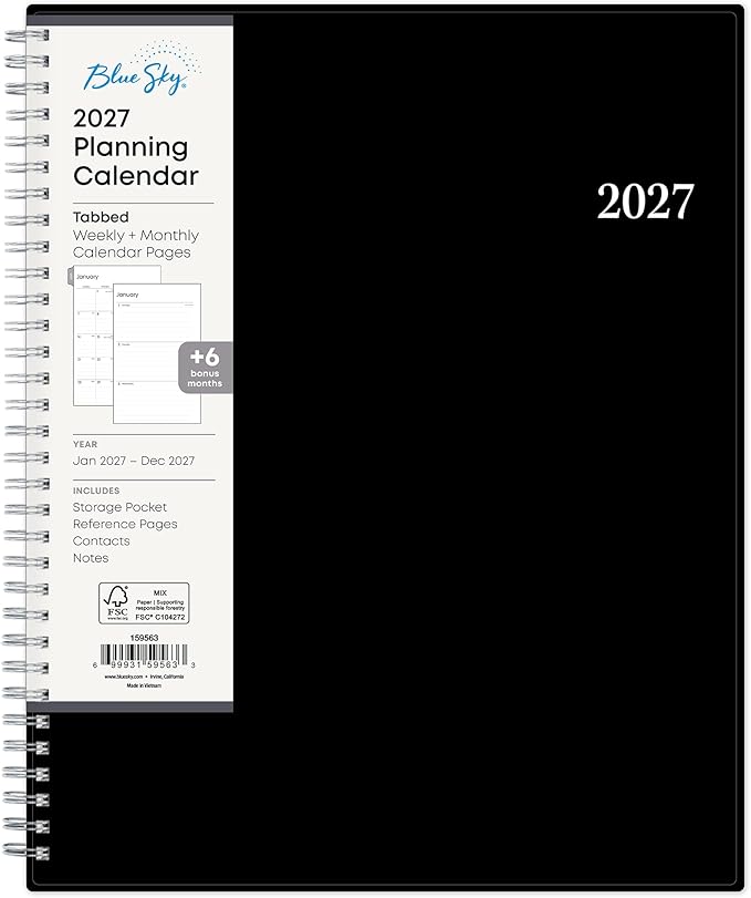 Blue Sky 2027 Weekly and Monthly Planner Calendar, Includes January 2027 - December 2027, 8.5" x 11", Flexible Cover, Wirebound, Laminated Tabs, Storage Pocket, Enterprise