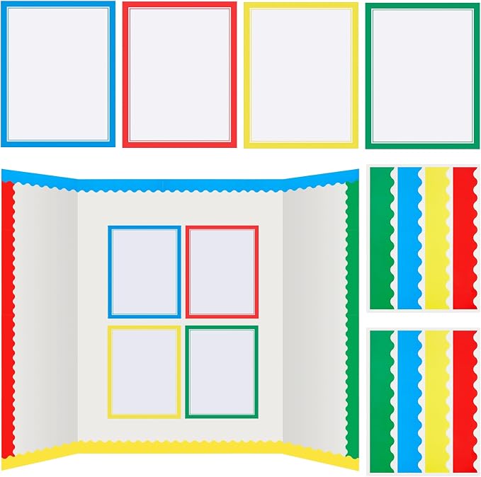 Henoyso 100 Pcs Science Fair Board Supplies Back to School Include 80 Trim Scalloped Bulletin Borders 20 Project Printable Adhesive Paper for Classroom Office Display(Red, Yellow, Blue, Green)