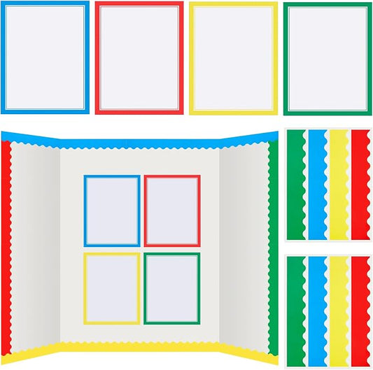 Henoyso 100 Pcs Science Fair Board Supplies Back to School Include 80 Trim Scalloped Bulletin Borders 20 Project Printable Adhesive Paper for Classroom Office Display(Red, Yellow, Blue, Green)