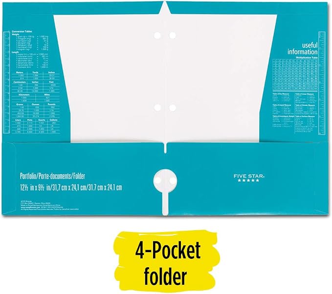Five Star 4 Pocket Folder, 2 Pocket Folder Plus 2 Additional Pockets, Teal (72087)