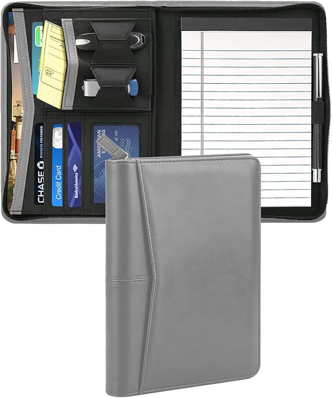 Junior Padfolio/Resume Portfolio Binder with Refillable Lined Notepad, A5 Padfolio Folder, Business Portfolio, Multi-Function Case, A5 Writing Pad Included, Gray