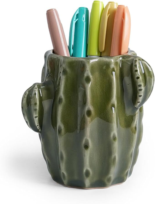 Ceramic Cactus Pen Holder, Cactus Decor Cute Pencil Holder, Makeup Brush Holder for Home, Office Desk Accessories(Dark Green)