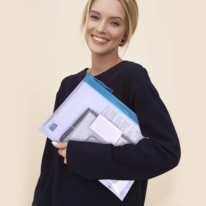 Wisdompro Zipper Pouch, 4 Packs Durable Letter Size Waterproof Mesh File Bag, Document Organizer - Pink/Blue