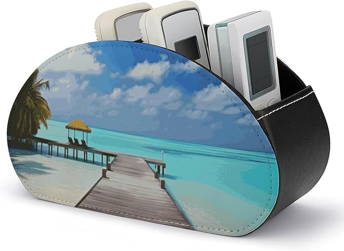 Pu Leather Remote Control Holders Waterproof TV Remote Holder with 5 Compartments Maldives Holidays Remote Caddy Box Desktop Storage Organizers for TV Remotes/Media Controllers/Office Supplies