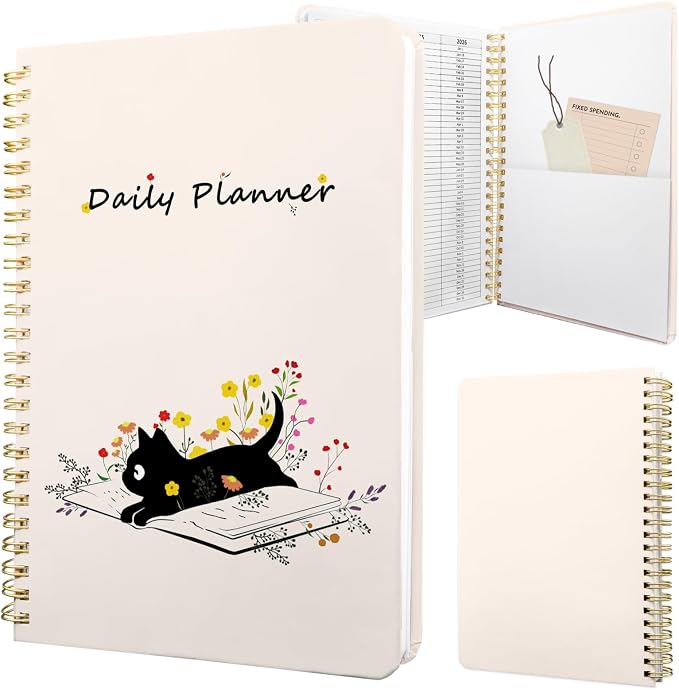 Undated Daily Planner - Spiral Notebook 80 Days One Day Per Page, Hourly Schedule, To-Do List, Notes, Everyday Planning Task, A5 Hardcover Journal Organizer Book Women Cute Aesthetic, Cat