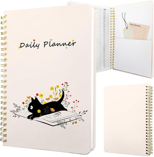 Undated Daily Planner - Spiral Notebook 80 Days One Day Per Page, Hourly Schedule, To-Do List, Notes, Everyday Planning Task, A5 Hardcover Journal Organizer Book Women Cute Aesthetic, Cat