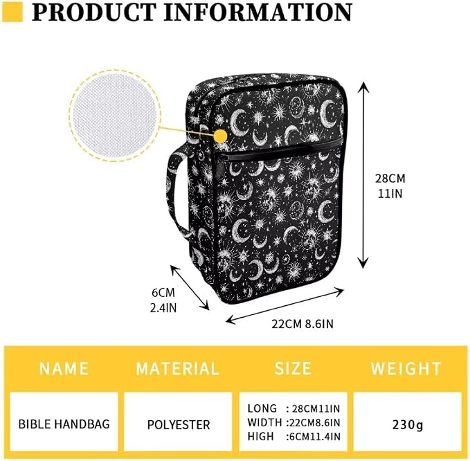 Coldinair Sun Moon Stars Bible Cover for Men Women Teens,Portable Carrying Book Case Church Bag Bible Holder with Handle and Zippered Pocket