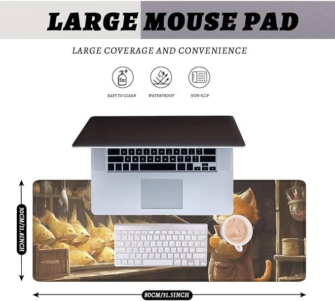 Cute Cat Gaming Mouse Pad Desk Pad Fishing Cartoon Golden Fish XL Mousepad Large Mousepad Extended Laptop Keyboard Mat Gaming Desk Pad Mouse Mat Office Computer Keyboard 31.5"x11.8"