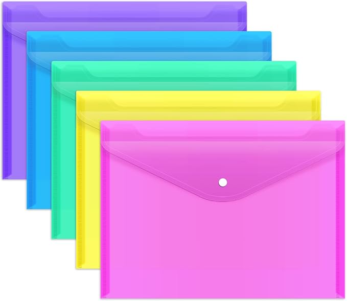 EOOUT 5pcs Plastic Envelopes, Plastic Folders for Documents, Poly Folders with Snap Closure, A4 Size, Letter Size, for School and Office Supplies