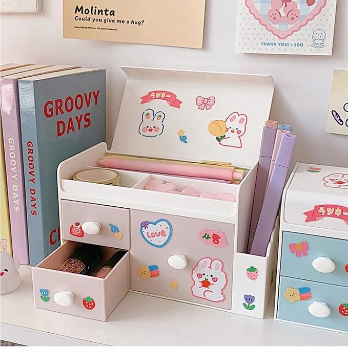 Desk Organizer, Cute Multi Layer Plastic Desk Drawer Organizer Desktop Organizer Makeup Organizer Pen Holder for School Home Office Supplies (Light Pink)