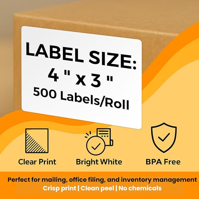 4" x 3" Direct Thermal Shipping Labels – White Self-Adhesive Compatible with Zebra, Rollo, MUNBYN Thermal Printers | Address Labels, Barcodes, FNSKU | 12 Rolls (500/Roll) – Total 6000 Labels