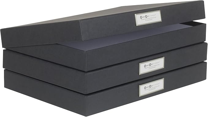 Bigso Sven Fiberboard Classic Hinged Document Box - File Organizer for Important Paperwork - Document Storage Box with Hinged Lid & Label Window - 1.8 in x 13.2 in x 9.3 in - 3 Pack - Dark Grey