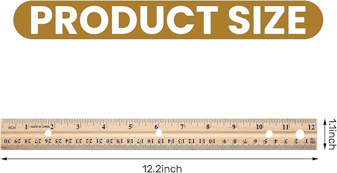 AmazingSpark 12 Pack 12 Pack Wooden Ruler Gifts 12 Inch (30cm) Bulk Wood Measuring Ruler Straight Metal Edge with 4 Holes for Teacher School Office Drafting Classroom Supplies, 2 Scale