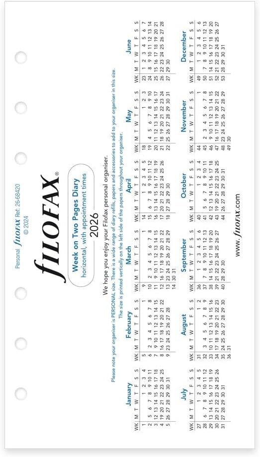 Filofax Calendar Diary Refill, Personal/Compact Size, Week-to-View with Appointments, Horizontal, White Paper, Ruled, English, 2026 (C68420-26)
