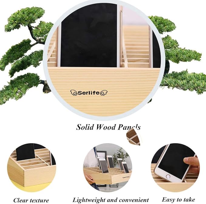 Wood Cell Phones Storage Box Calculator Management Mobile Phone Holder Classroom Office, Meeting Room Desktop Organizer (Maple, 24 Cells)