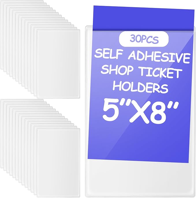 Outus 30 Pcs Self Adhesive Shop Ticket Holders Clear Plastic Sleeves Adhesive Pockets Work Order Job Ticket Holders for Back to School Student Label Home Office Posting Signs (5 x 8 Inch)