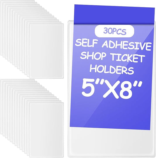 Outus 30 Pcs Self Adhesive Shop Ticket Holders Clear Plastic Sleeves Adhesive Pockets Work Order Job Ticket Holders for Back to School Student Label Home Office Posting Signs (5 x 8 Inch)