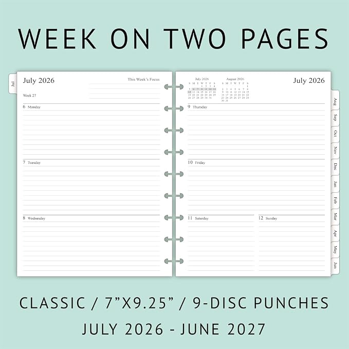 2026-2027 Planner Refills for Happy Planner Classic Notebook, Weekly & Monthly, Jul 2026 - Jun 2027, 7" x 9-1/4", 9-Disc Pre-punched