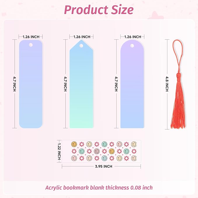 120Pcs Acrylic Bookmark Blanks Kits, Iridescent Clear Bookmarks Bulk,30Pcs Blank Bookmarks with 30PCS Booklover UV DTF Stickers and 30 Color Tassels for DIY Crafting Projects and Book Lovers Gifts