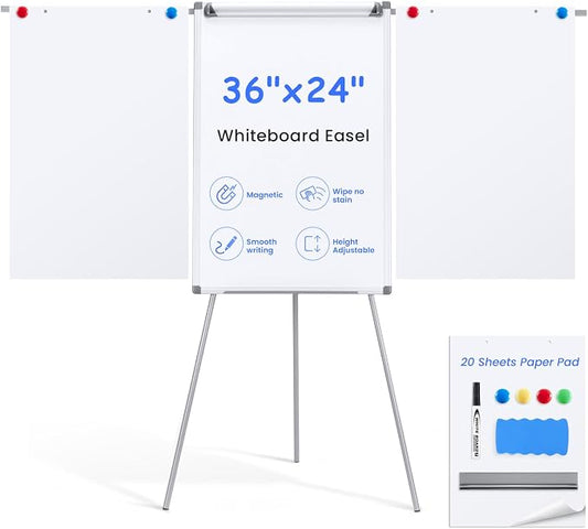 MAKELLO Flip Chart Easel, Magnetic Dry Erase Board with Stand for Office Classroom Home School, Extended Display Arms and Adjustable Height, 36x24 in