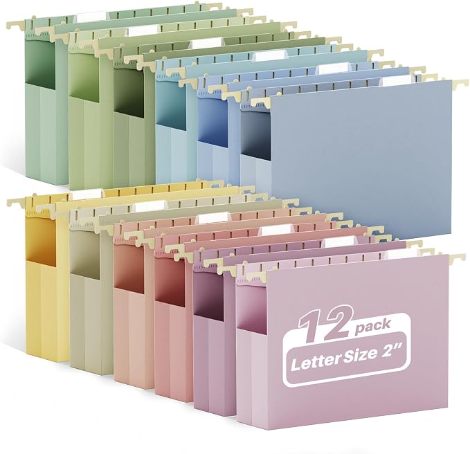 Ansook Plastic Hanging File Folders, 12 Pack Letter Size Hanging Folders for Filing Cabinet, Expandable Hanging File Folder Organizer for Office School Home, Insertable 1/5-Cut Tabs - Assorted Colors