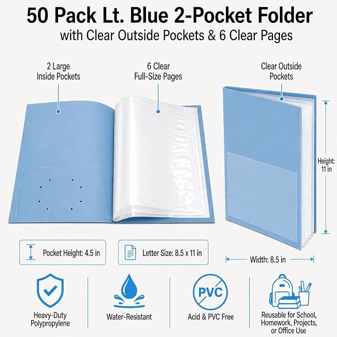 Ultra PRO - 50 Pack Light Blue Heavy Duty 2-Pocket Folders with 6 Clear Internal Pages, Waterproof Poly Project Organizer for School and Office, Fits 8.5 x 11 Letter Size, Customizable Clear Covers