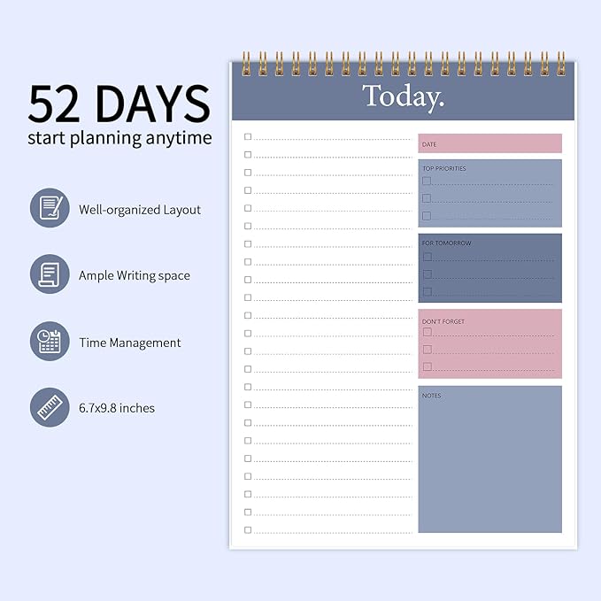 KMQOY To Do List Notepad - 2 Pack Daily Planner Pad Undated 52 Sheets Spiral Today Planner Note Pad Premium Thick Paper 6.5" x 9.8" For Work and Personal Organized
