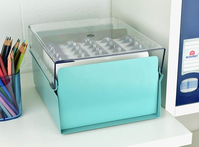 Acrimet 5 X 8 Card File Holder Organizer Box Metal Base Heavy Duty (AZ Index Cards and Divider Included) (Green Color with Clear Crystal Plastic Lid Cover)