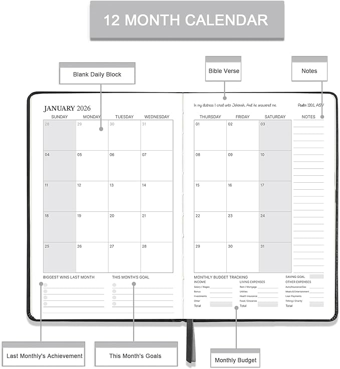 2026 Christian Planner - Daily Bible Planner 2026, 5.7" x 8.4", JAN. 2026 - DEC. 2026, 2026 Weekly & Monthly Planner with Pen Holder, Back Pocket, Elastic Closure, Hardcover - Black
