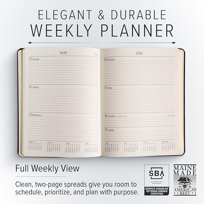Gallery Leather Large Weekly Monthly Planner 2025-2026, Elegantly Bound Calendar Planner and Notebook with Stylish Gold-Gilded Page Edges, 12 Months - Monhegan Emerald - 9.75 x 7.5 "