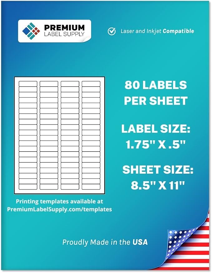 Premium Label Supply White Sticker Return Address Labels – 1.75" x .5" – Laser/Inkjet Compatible – (80 per Sheet), 100 Sheets – 8000 Total Adhesive Labels