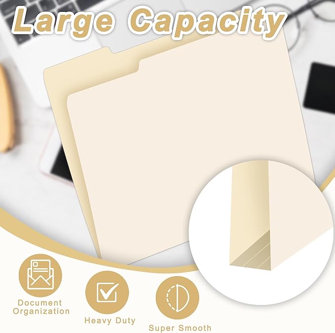 100 Packs Manila File Folder,Manilla Folder 8.5x11,1/3 Cut Tabs Folder for Office,School and Home,Organizer File Folder Letter Size