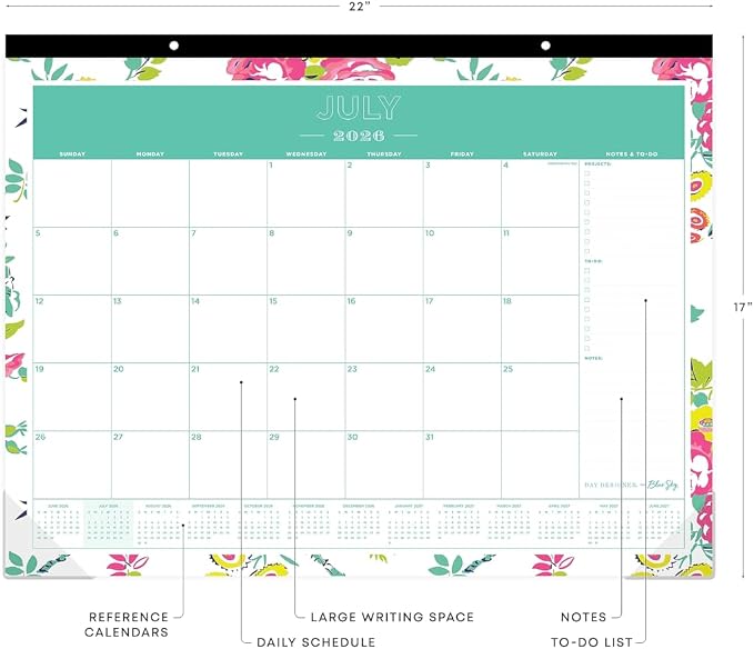 2026-2027 Blue Sky Floral 17" x 22" Academic Monthly Wall Calendar, Peyton White (107938-A27)