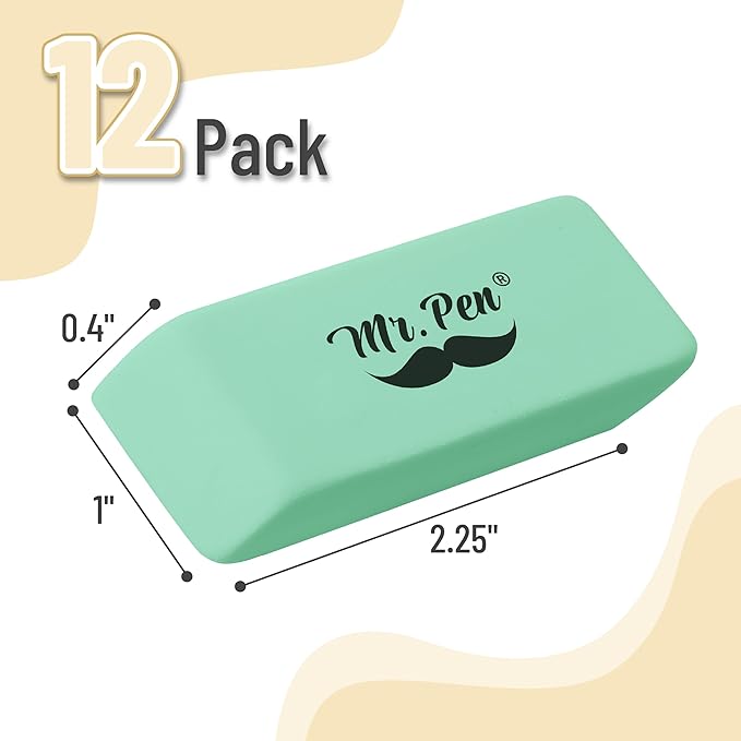 Mr. Pen- Pencil Eraser, 12 Pack, Green, Large Latex Free Block Erasers for School, Office, Art Sketching, Homework, Exams, Clean Smudge-Free Correction