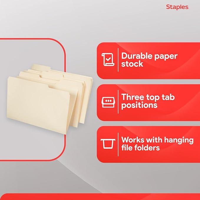 Staples Recycled File Folders, Legal Size, 1/3‑Cut Tabs, Manila, 30% Recycled Paper Stock, 100/Box