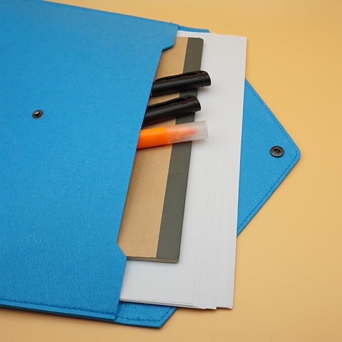 Felt File Folder, Durable Briefcase, Document Bag, Paper File Folders, Portfolio Case, Letter Envelope, Handbag Button Closure, for Office Home School Stationery (Blue)
