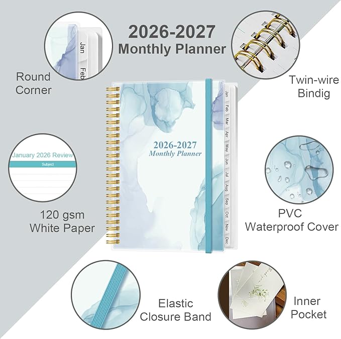2026-2027 Monthly Planner - January 2026 - June 2027, Two Pages Per Month, 18 Monthly Calendar/Planner with Tabs, Inner Pocket, 6.4" x 8.5", Blue Watercolor