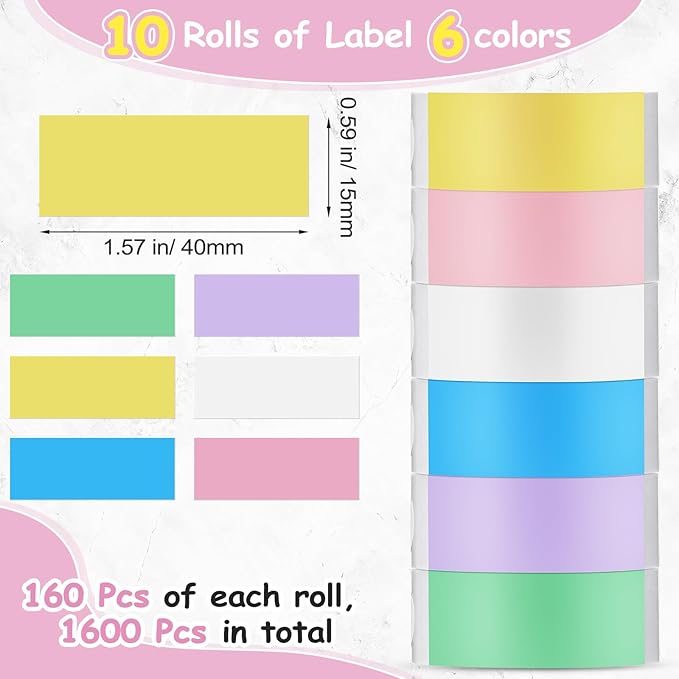 Gersoniel 1600 Pcs Label Tapes Compatible with D30 Label Printer Laminated Labeling Stickers Thermal Labels for Home Office(Multicolor,15 x 40 mm)
