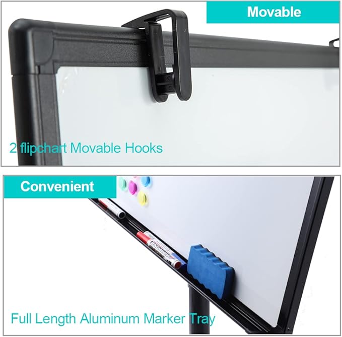 Black Mobile Whiteboard on Wheels 36 x 24 Inch-Rolling Magnetic Dry Erase Easel Board with Flipchart Paper Pad-Height Adjustable Standing Board for Meetings, Classes, Training, Workshops