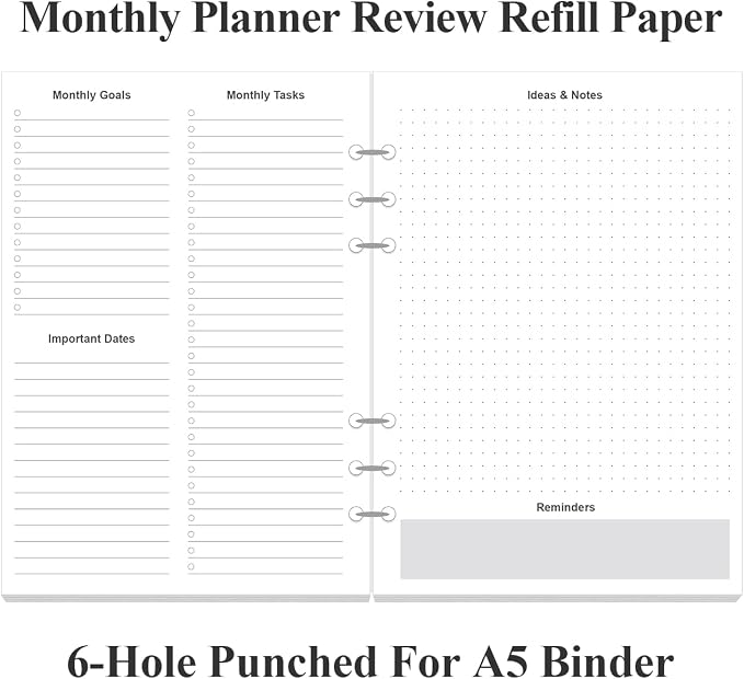 Monthly Planner Refills for A5 Binders - 53 Sheets/106 Pages Undated Colorful Monthly Planner, 6-Hole Punched, 100 gsm White Paper, Lasts 2 Year, Undated, 5.8" x 8.3"