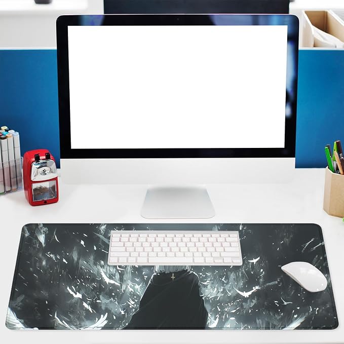 Mystic Angel Gaming Mouse Pad Desk Pad Gothic White Hair Girl Extended Gaming Mousepad Mat with Stitched Edge Non-Slip Base Big Mousepad Office Computer Keyboard 31.5"x11.8"