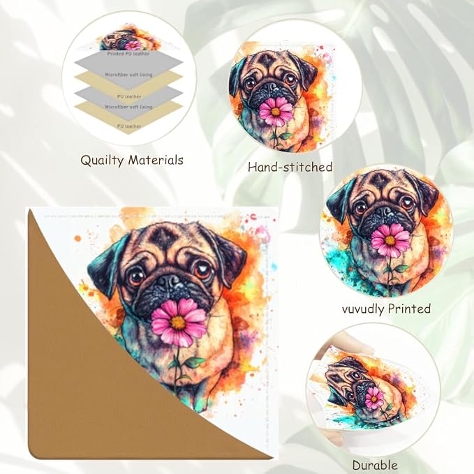 2PCS PU Leather Bookmarks 3.5x3.5 Inch Pug Flower Design | PU leather bookmarks with pug flower design for novels, journals, study notes, dog lovers, students and book fans