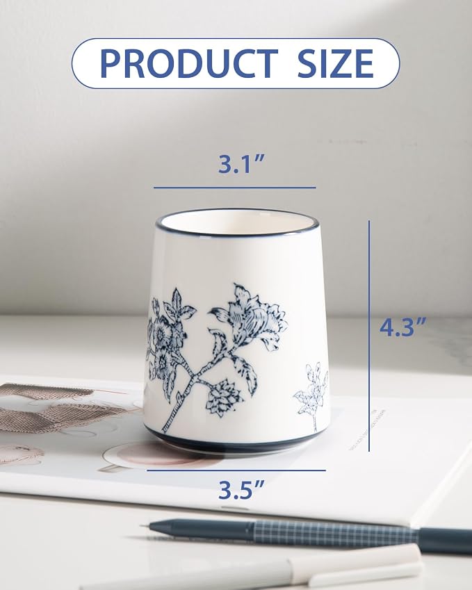Pencil Holder for Desk, Ceramic Pen Holder, Blue and White Chinoiserie Desk Pen Organizer, Flowers and Branches